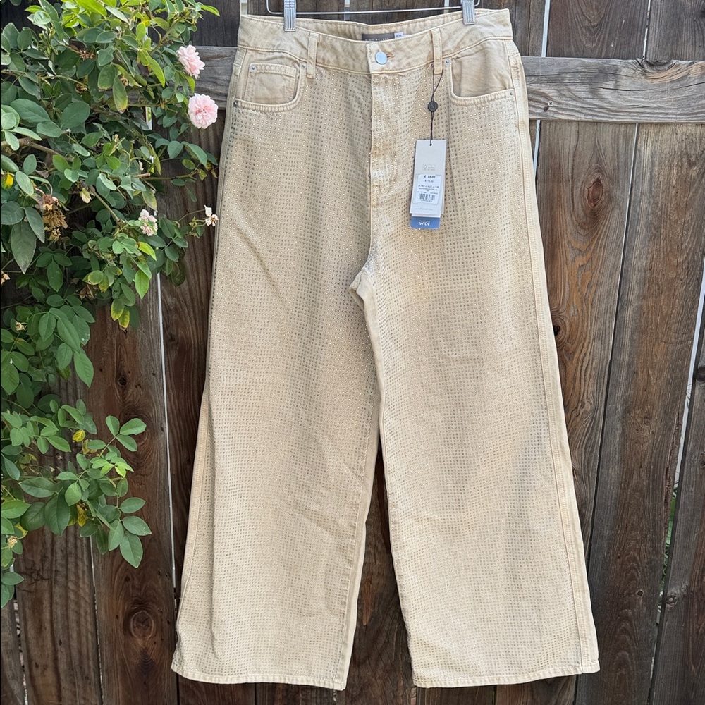 Mint Velvet Natural Diamante Wide Leg 100% Cotton Jeans. Size 10. NWT